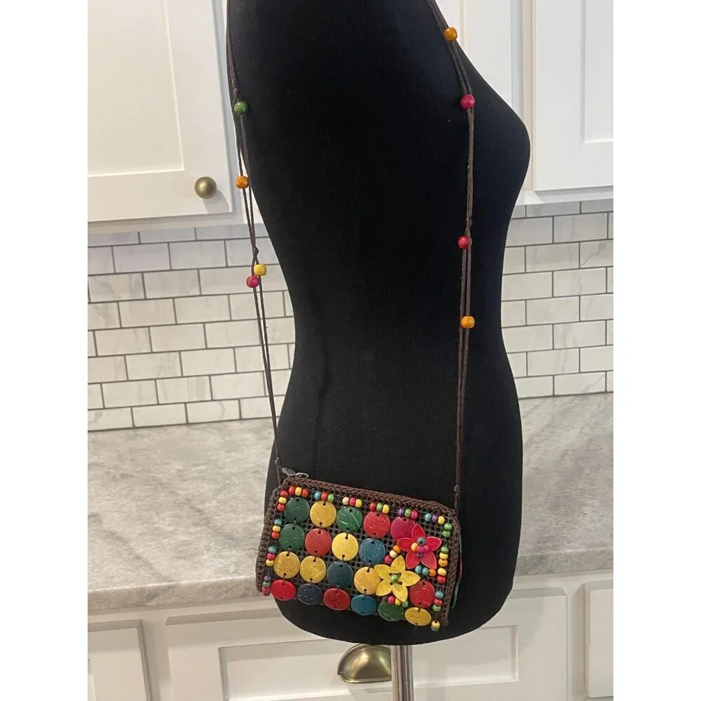 Beaded Crossbody Bag Womens Mini Multicolor Wood‎ Disc Puerto Rico Boho Flower